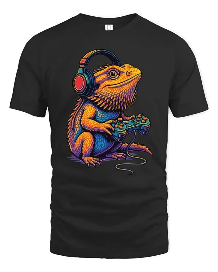 Gamer Lizard T-Shirt - Funny Reptile with Headphones Tee - black t-shirt on white background