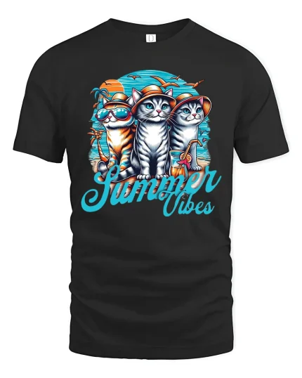 Summer Vibes Cat T-Shirt - Funny Beach Kitty Graphic Tee - black t-shirt on white background