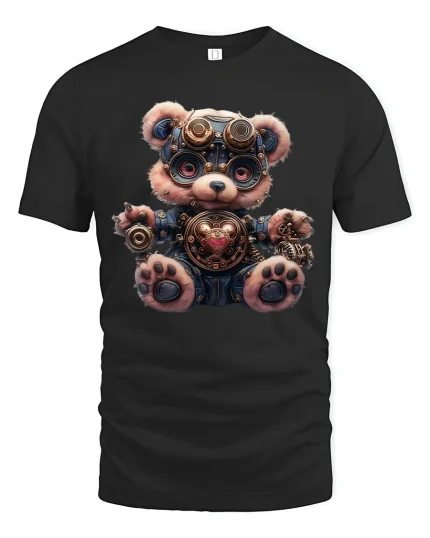 Steampunk Bear T-Shirt - Cute Cyberpunk Teddy Design - black t-shirt on white background