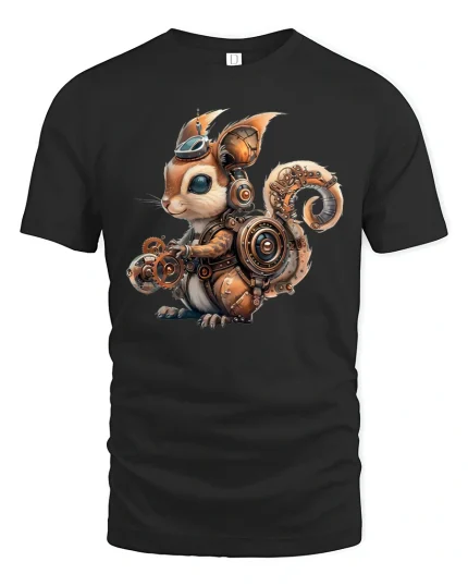 Steampunk Squirrel T-Shirt - Cool Mechanical Animal Tee - black t-shirt on white background