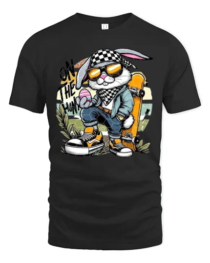 Cool Bunny Skater T-Shirt - Funny Easter Egg Hunter - black t-shirt on white background