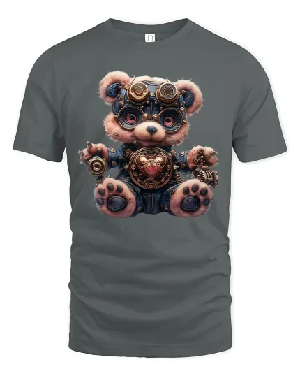 Steampunk Bear T-Shirt - Cute Cyberpunk Teddy Design - gray t-shirt on white background