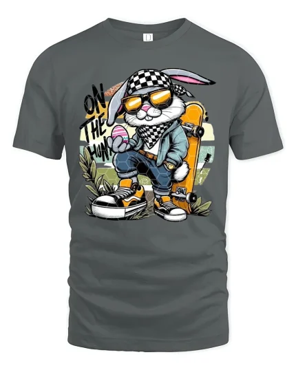 Cool Bunny Skater T-Shirt - Funny Easter Egg Hunter - gray t-shirt on white background