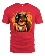Cool Squirrel Headphones T-Shirt - Music Lover Tee - red t-shirt on white background