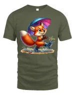Cute Fox Rainy Day T-Shirt - Adorable Animal Lover Tee - military green t-shirt on white background