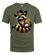 Cowboy Raccoon T-Shirt - Funny Wild West Animal Tee - military green t-shirt on white background