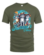 Summer Vibes Cat T-Shirt - Funny Beach Kitty Graphic Tee - military green t-shirt on white background