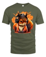 Cool Squirrel Headphones T-Shirt - Music Lover Tee - military green t-shirt on white background