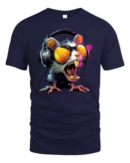 DJ Mouse T-Shirt - Funny Cool Rat with Headphones Tee - navy t-shirt on white background