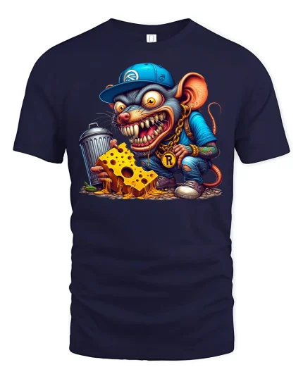 Street Rat T-Shirt - Funny Gangsta Mouse with Cheese Tee - navy t-shirt on white background