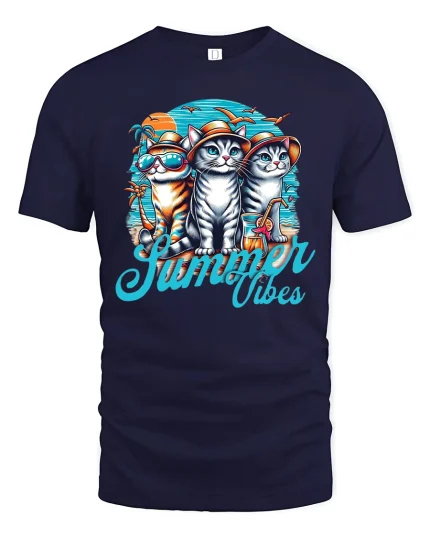 Summer Vibes Cat T-Shirt - Funny Beach Kitty Graphic Tee - navy t-shirt on white background