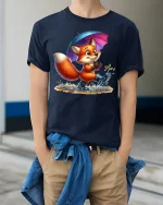 Cute Fox Rainy Day T-Shirt - Adorable Animal Lover Tee - model wearing navy tee with hands in pockets