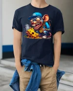 Street Rat T-Shirt - Funny Gangsta Mouse with Cheese Tee - model wearing navy tee with hands in pockets
