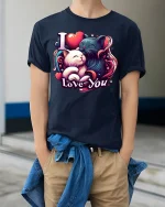 I Love You Cat T-Shirt - Cute Romantic Couple Gift Tee - model wearing navy tee with hands in pockets