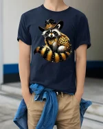 Cowboy Raccoon T-Shirt - Funny Wild West Animal Tee - model wearing navy tee with hands in pockets
