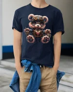 Steampunk Bear T-Shirt - Cute Cyberpunk Teddy Design - model wearing navy tee with hands in pockets