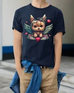 Angel Dog T-Shirt - Cute Winged Puppy Love Design - model wearing navy tee with hands in pockets