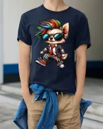 Cool Punk Dog T-Shirt - Funny Rainbow Hair Pup Tee - model wearing navy tee with hands in pockets
