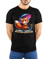 Cute Fox Rainy Day T-Shirt - Adorable Animal Lover Tee - model wearing black tee with hands behind back