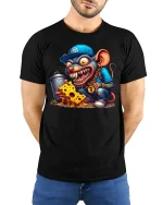 Street Rat T-Shirt - Funny Gangsta Mouse with Cheese Tee - model wearing black tee with hands behind back
