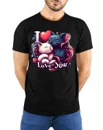 I Love You Cat T-Shirt - Cute Romantic Couple Gift Tee - model wearing black tee with hands behind back