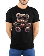 Steampunk Bear T-Shirt - Cute Cyberpunk Teddy Design - model wearing black tee with hands behind back