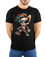 Cool Punk Dog T-Shirt - Funny Rainbow Hair Pup Tee - model wearing black tee with hands behind back