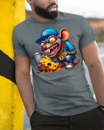 Street Rat T-Shirt - Funny Gangsta Mouse with Cheese Tee - model wearing grey tee, leaning on column