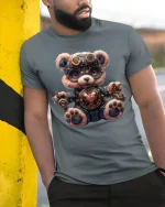 Steampunk Bear T-Shirt - Cute Cyberpunk Teddy Design - model wearing grey tee, leaning on column