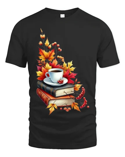 Autumn Coffee and Books Cozy Fall Reading Lover Graphic Tee - black t-shirt on white background
