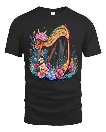 Floral Harp Melody Art Tee with Colorful Vintage Design - black t-shirt on white background