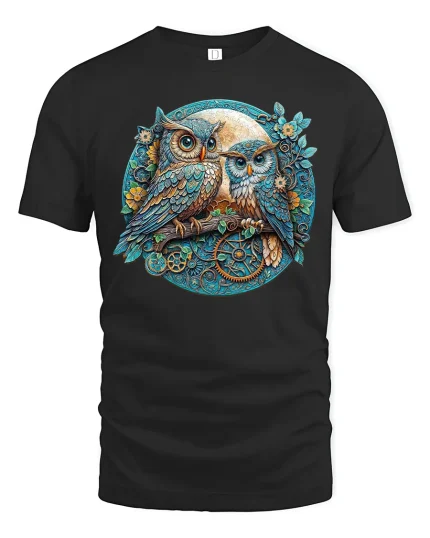 Steampunk Owls Art Tee with Vintage Moon and Gears Illustration - black t-shirt on white background