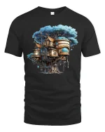 Enchanted Treehouse Fantasy Art Tee for Nature Lovers - black t-shirt on white background