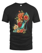 Floral High Heel Fashion Tee for Stylish Women’s Outfits - black t-shirt on white background
