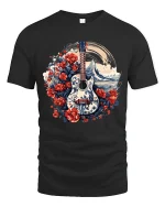 Floral Waves Guitar Art Tee for Music Lovers and Beach Vibes - black t-shirt on white background