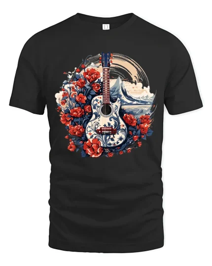Floral Waves Guitar Art Tee for Music Lovers and Beach Vibes - black t-shirt on white background