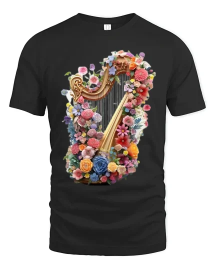 Floral Harp Magic Tee - Colorful Harp T-Shirt for Music Lovers - black t-shirt on white background