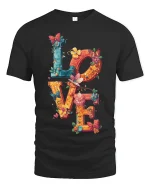 Colorful LOVE Butterfly Floral Art Tee for Women and Girls - black t-shirt on white background