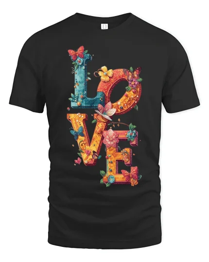 Colorful LOVE Butterfly Floral Art Tee for Women and Girls - black t-shirt on white background