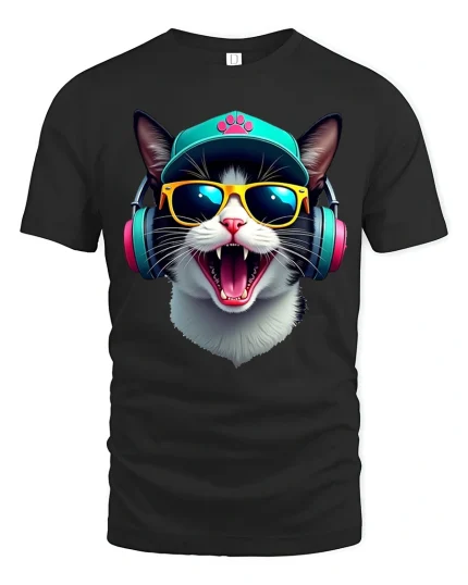 Cool DJ Cat Headphones Tee for Music Lovers and Cat Fans - black t-shirt on white background