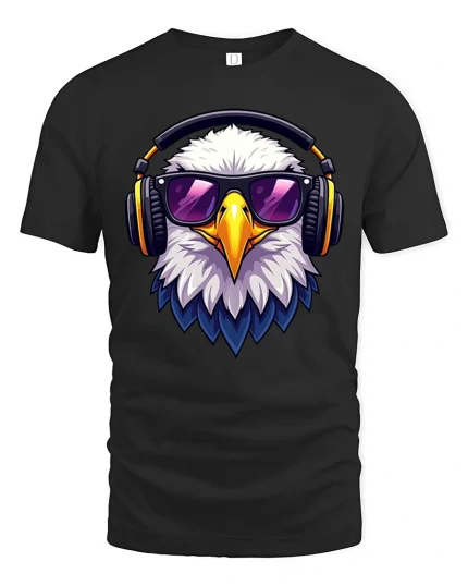 Cool Eagle Headphones Tee for Music Lovers and USA Pride - black t-shirt on white background