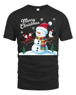 Merry Christmas Snowman and Birds Winter Holiday Graphic Tee - black t-shirt on white background