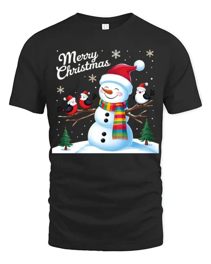 Merry Christmas Snowman and Birds Winter Holiday Graphic Tee - black t-shirt on white background