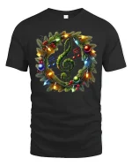 Christmas Music Wreath Treble Clef Holiday Lights Graphic Tee - black t-shirt on white background