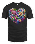 Colorful Floral Heart Art Vibrant Pattern Love Graphic Tee - black t-shirt on white background