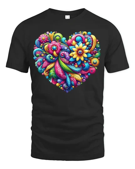 Colorful Floral Heart Art Vibrant Pattern Love Graphic Tee - black t-shirt on white background