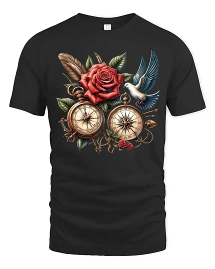 Vintage Compass Rose Art Tee with Flowers and Dove Design - black t-shirt on white background