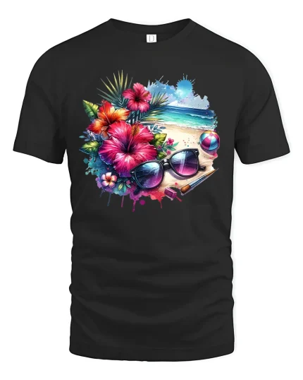 Tropical Beach Vibes Floral Art Summer Vacation Tee - black t-shirt on white background