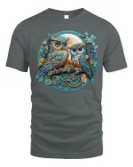 Steampunk Owls Art Tee with Vintage Moon and Gears Illustration - gray t-shirt on white background