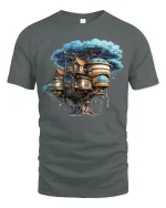 Enchanted Treehouse Fantasy Art Tee for Nature Lovers - gray t-shirt on white background